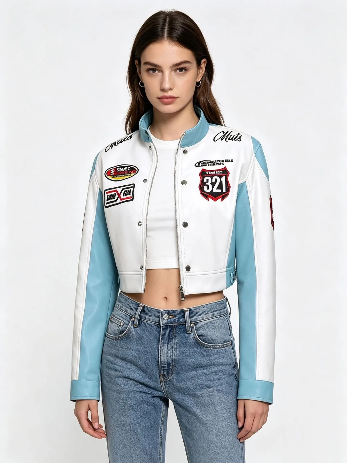 Women's Embroidered Letters Pu Leather Short Coat Zipper Buttons Stand Collar Leather Jacket Trend Long Sleeve Streetwear