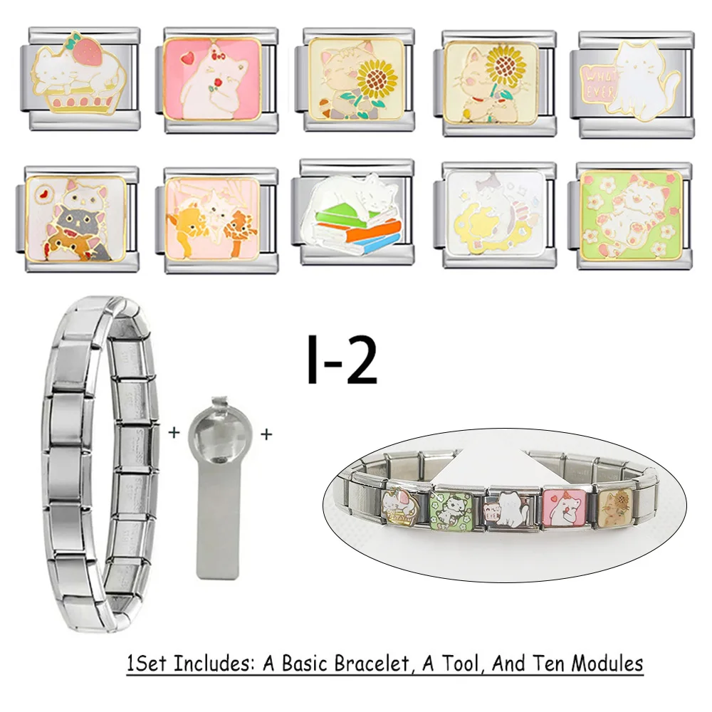 

For Girls Fashion Gift Cute Cat Pink Color Stainless Steel Italian Bracelet Charm Set For Kids Birthday Gifts DIY Making Jewelry