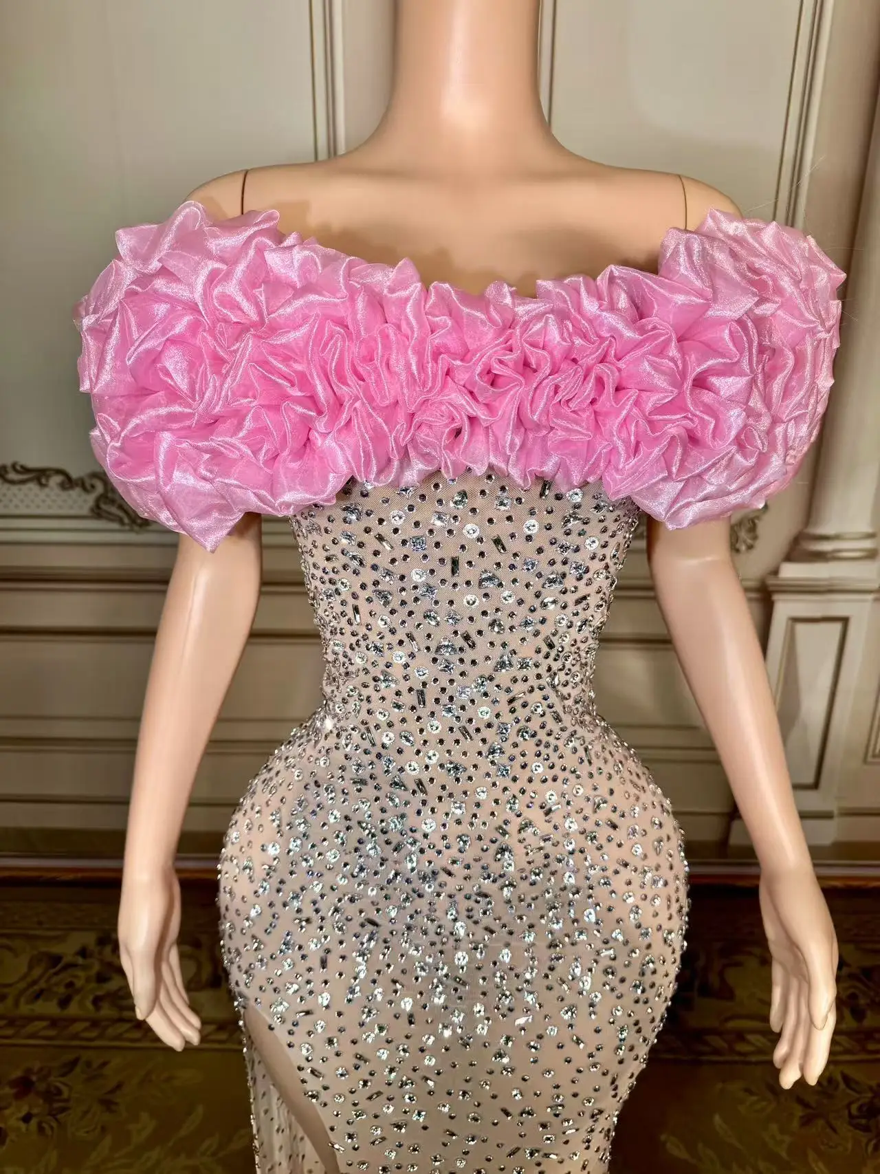 Sexy Sparkly Multicolor Rhinestones Sleeveless Mesh Transparent Short Dress Women Birthday Celebrate Prom Dance Dress Plus Size