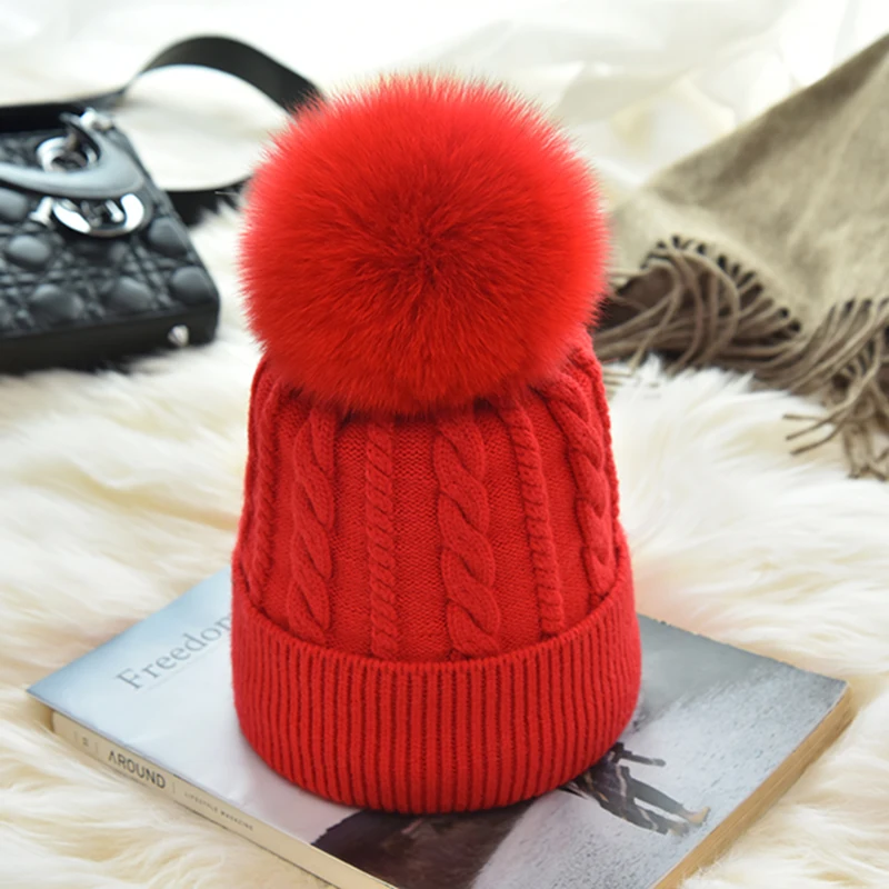 Thick Warm Winter Hat For Women Soft Stretch Wool Knit Hats With Pom Poms Women's Skullies Beanies