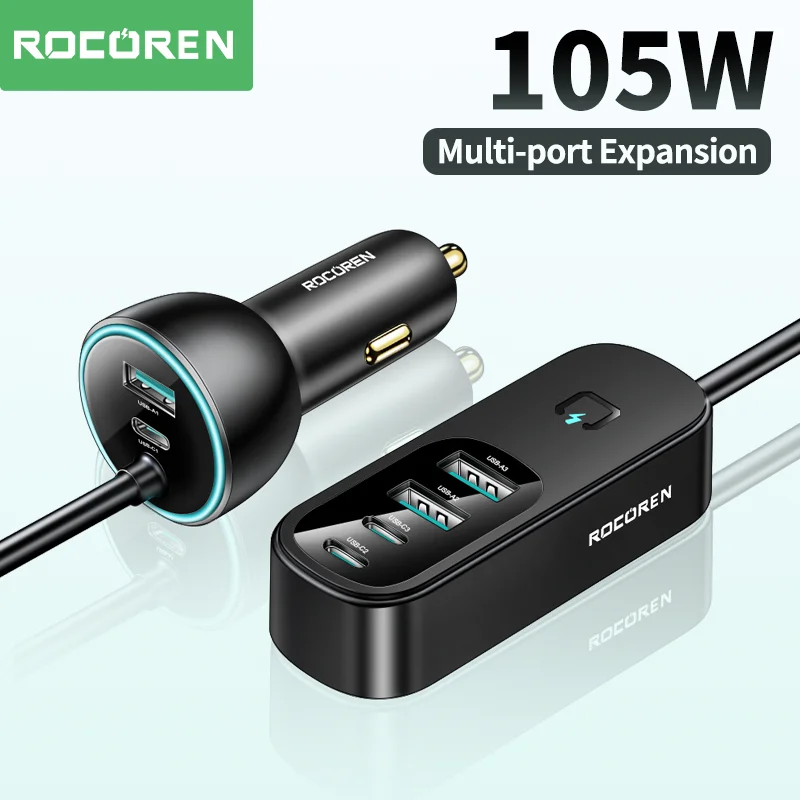 Rocoren 105W 6 in 1 Multi Port Car Charger Back Seat Fast Charging USB Type C Backseat Power Adapter For iPhone Samsung Xiaomi