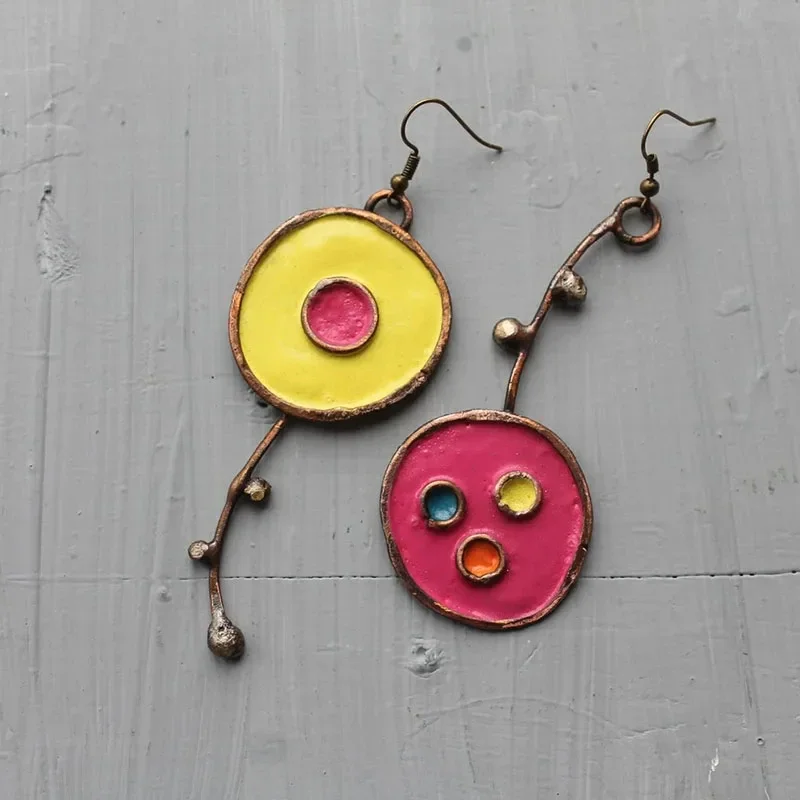 Tribal Round Red Black Oil Dripping Earrings Retro Jewelry Silver Color Metal Handmade Dangle Earrings Women Gift
