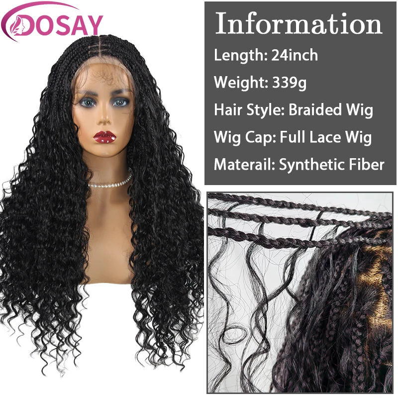 Bohemia Synthetic Full Lace Braided Wig for African Women 24 Inch Black Goddess Box Braid Wig Knotless Braids Wig with Curly End