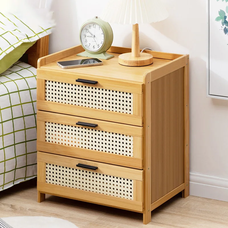 Bamboo Bedside Table Nordic Living Room Cabinet Bedroom Nightstand Shelves Rattan Weaving Modern Storage Cupboard with Drawer