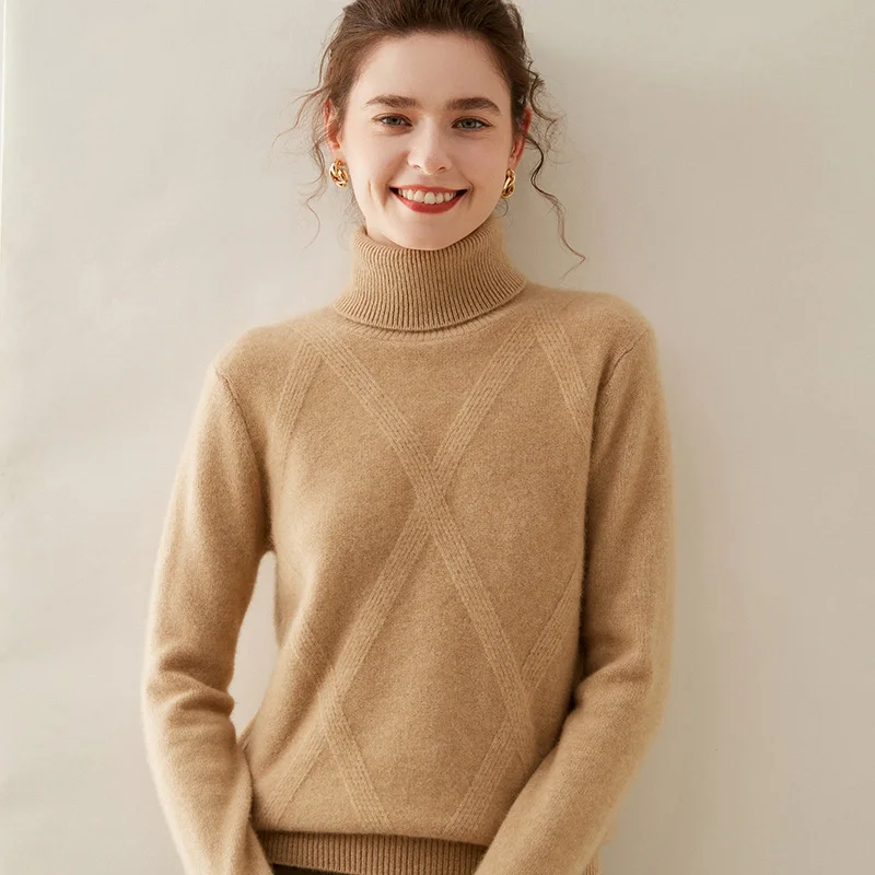 Autumn and Winter New Turtleneck Cashmere Sweater For Women 100 Pure Cashmere Lapel Mat Knitted Loose Thick Pullover Sweater Top