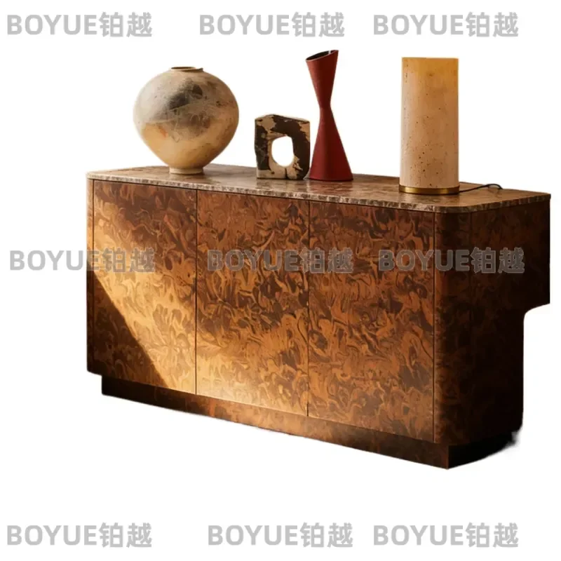 Retro French Style Marble Top Chest Cabinet Black Walnut Wood Storage Locker for Living Room Entryway Porch Furniture Decor