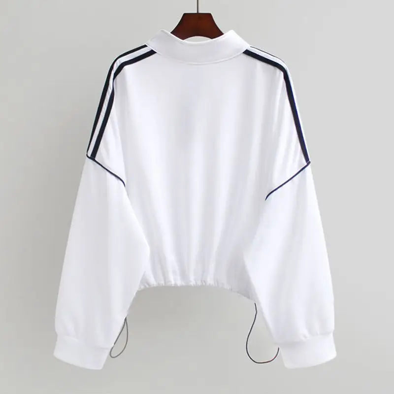 Spring Autumn New Striped Zipper Patchwork Loose T Shirts Long Sleeve Drawstring Casual Pullovers Vintage Fashion Women Clothing