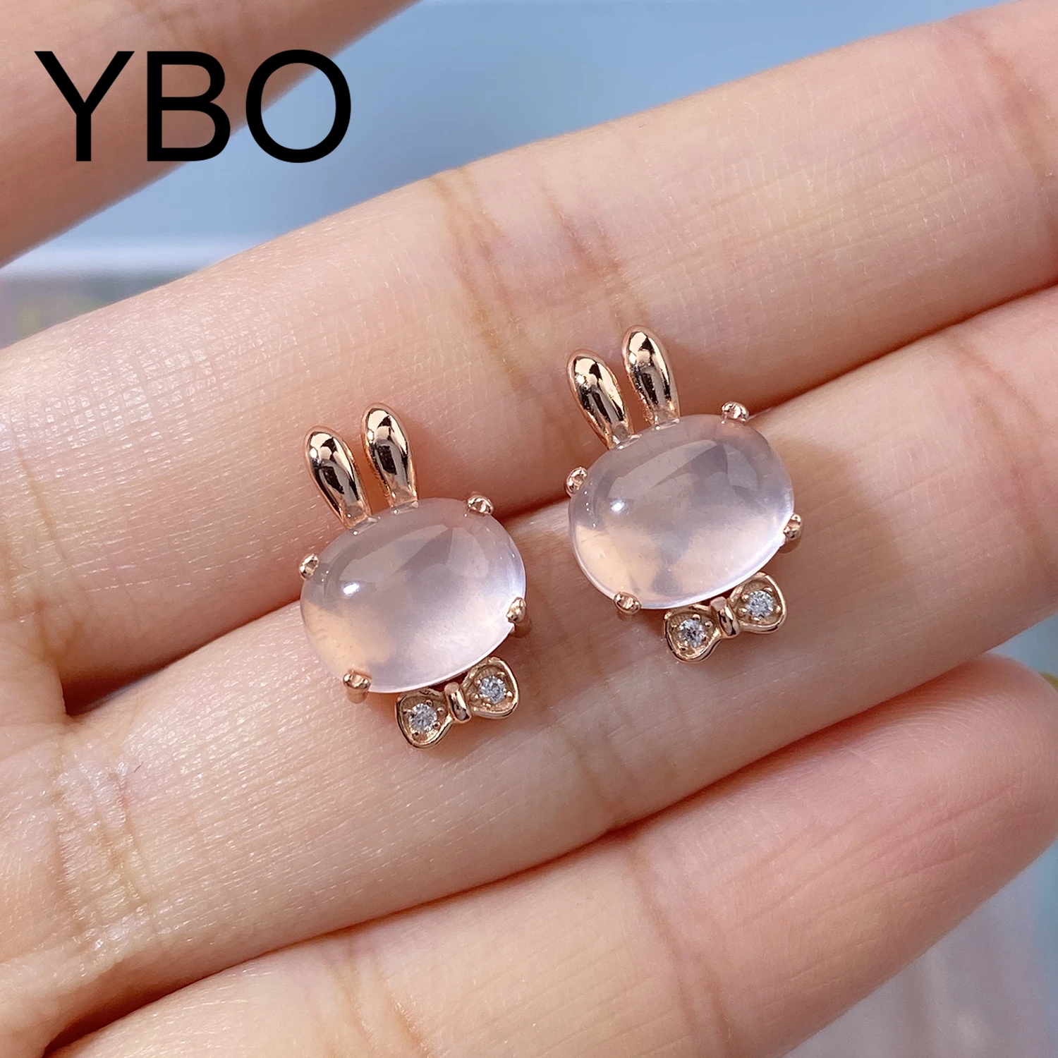 

YBO Fashion Women Rabbit Natural Pink Rose Quartz Stud Earrings Rose Gold Plated 925 Sterling Silver Cute Earring Luxury Jewelry