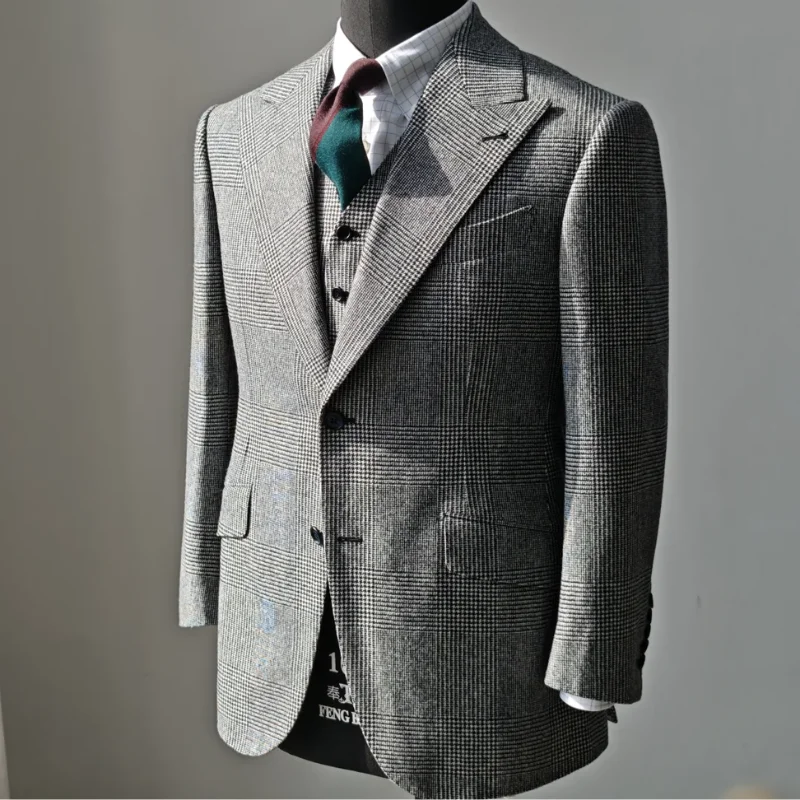 

Мужской комплект из 3 предметов в стиле ретро с черно-белым узором «Тысяча птиц» (куртка + жилет + брюки), однобортный банкетный костюм