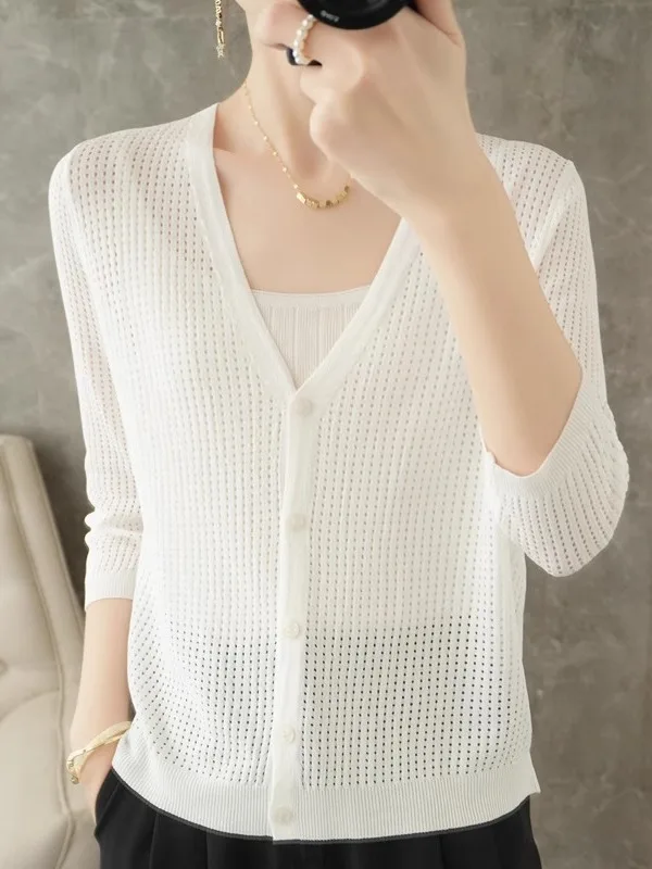 

Новая весенняя свободная женская вязаная кофта из ледяного шелка с V-образным вырезом, защита от солнца, короткое пальто, юбка в комплекте, вязаная одежда с открытым передом