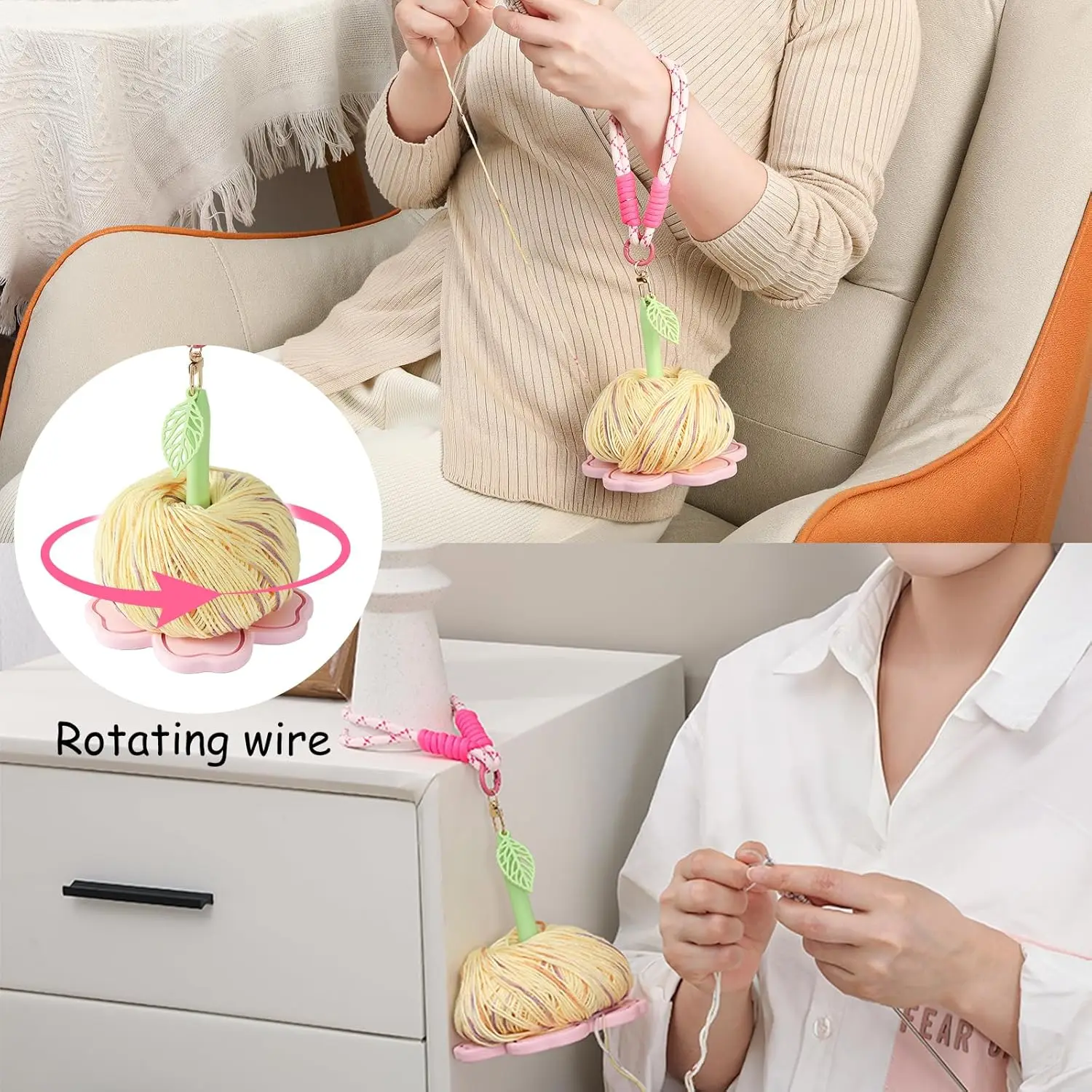 Flower Yarn Holder with Wrist Strap Anti-tangle Knitting Thread Organizer Portable Crochet Yarn Ball Storage Tool