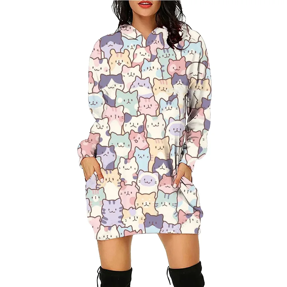 Robe à capuche imprimée chat de dessin animé pour femme, sweats à capuche d'entraînement, pull à manches longues, t-shirts d'automne et d'hiver, 03