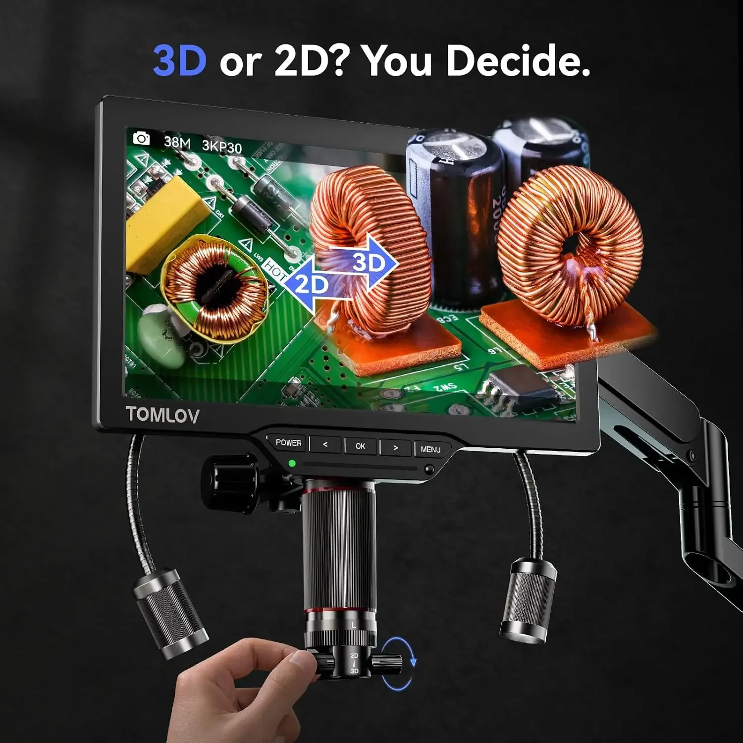 3D Digital Microscope for Soldering: Magnetic Dual Lens Micro Scope TM3K-3D for Adult, Coin Microscope with Flex Arm, 3K 7-Inch