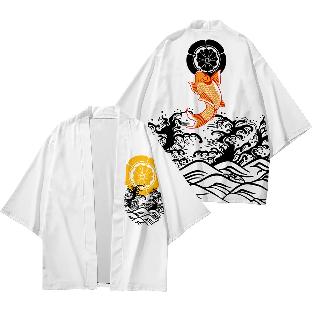Summer Beach Wave Carp Print Women Kimono Streetwear Traditional Cardigan 3/4 Sleeve Shirt Haori Fashion Kimono Yukata Men