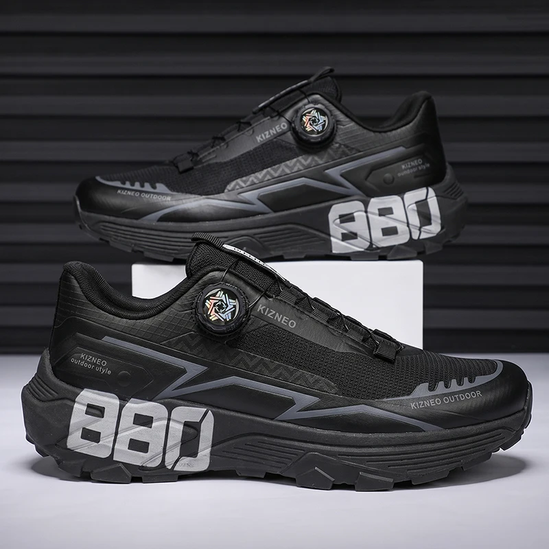 Men Rotating Buckle Hiking Shoes Breathable Mesh Non Slip Thick Sole Trekking Sneakers Outdoor Walking Trainers Multi Colors