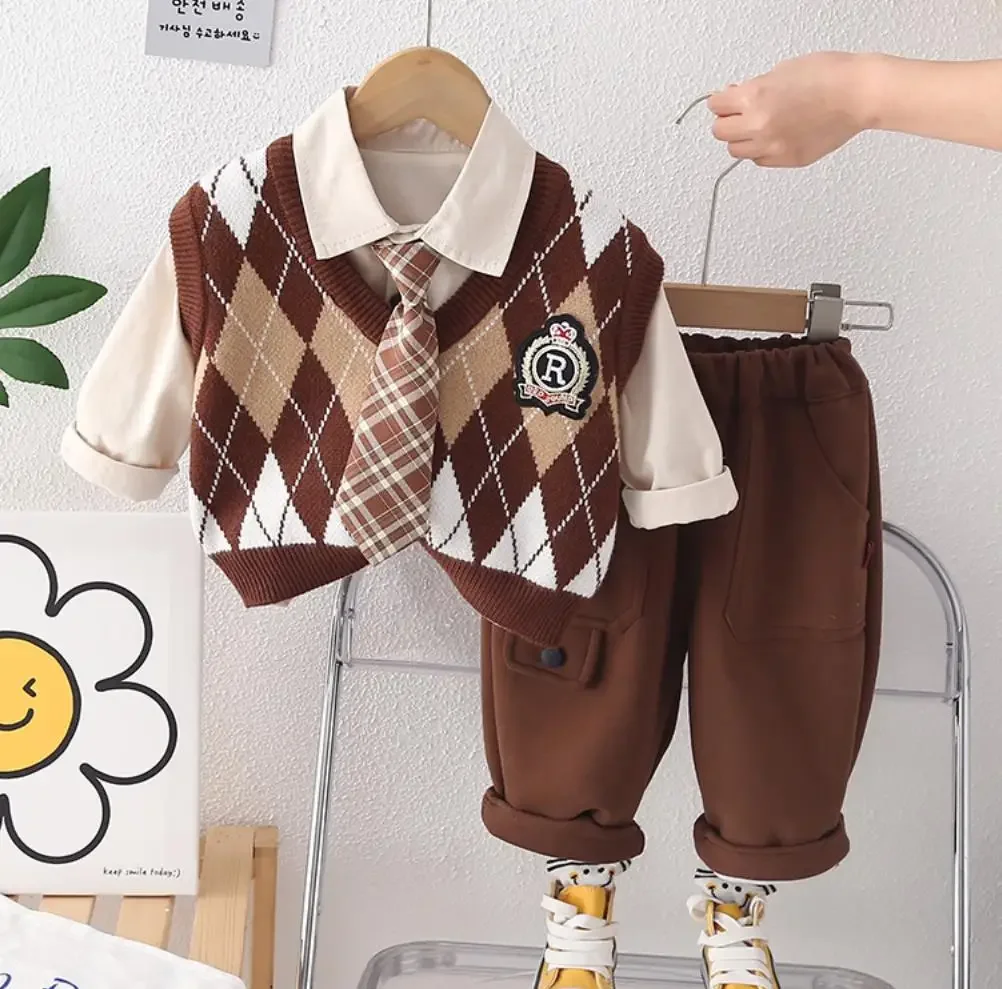 Kids Baby Sweater Clothes SetSpring Autumn Preppy Quilted Knitted Vest+Tie Shirts+Pants 3Pcs Infant Outfits Boys Tracksuits