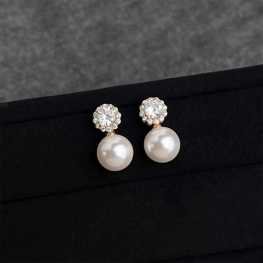 Best Seller Sparkling Zircon Pearl Stud Earrings French Vintage Elegant Ear Accessories Women's Fashion Jewelry