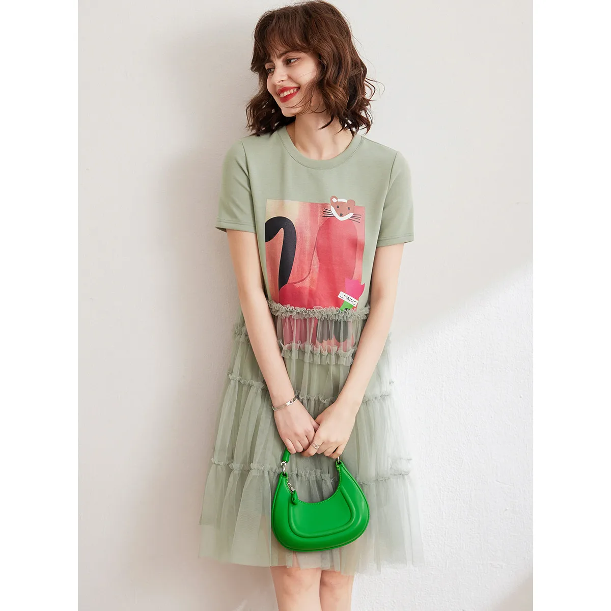 LOUIS YAO Women Mesh Dress 2024 Summer Fashion O Neck Short Sleeve Print Casual T-shirt Dress