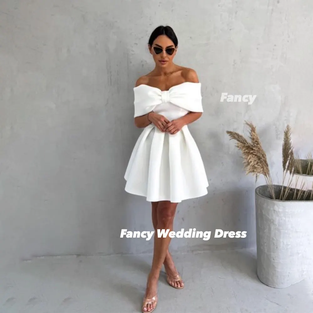 

Fancy Sexy Off Shoulder Evening Dress Bow A Line Elastic Satin Prom Gown Mini Short Back Corset Saudi Arabia Customized
