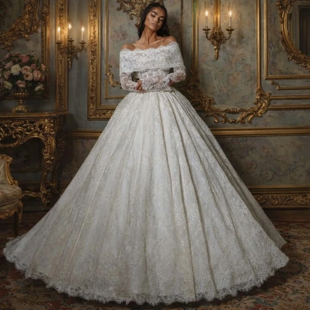 Индивидуальный пошив: роскошное свадебное платье с открытыми плечами, длинными рукавами, кружевом, шлейфом и пышной юбкой (Vestido de novia)