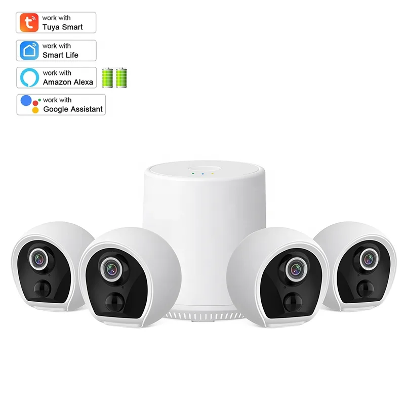 Tuya Security Camera Kit 1080P 4pcs Cameras & 1pcs Homebase 984ft WiFi Transmission Range Low Power Battery Camera System