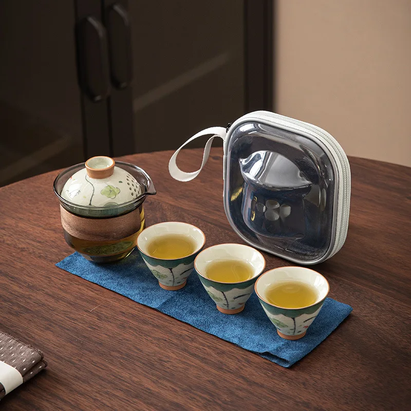 

Hand Painted Ge Kiln One Pot Fills Three Cups Kung Fu Tea Set Suit Glass Portable Outdoor Travel Convenient Tea Cup Set