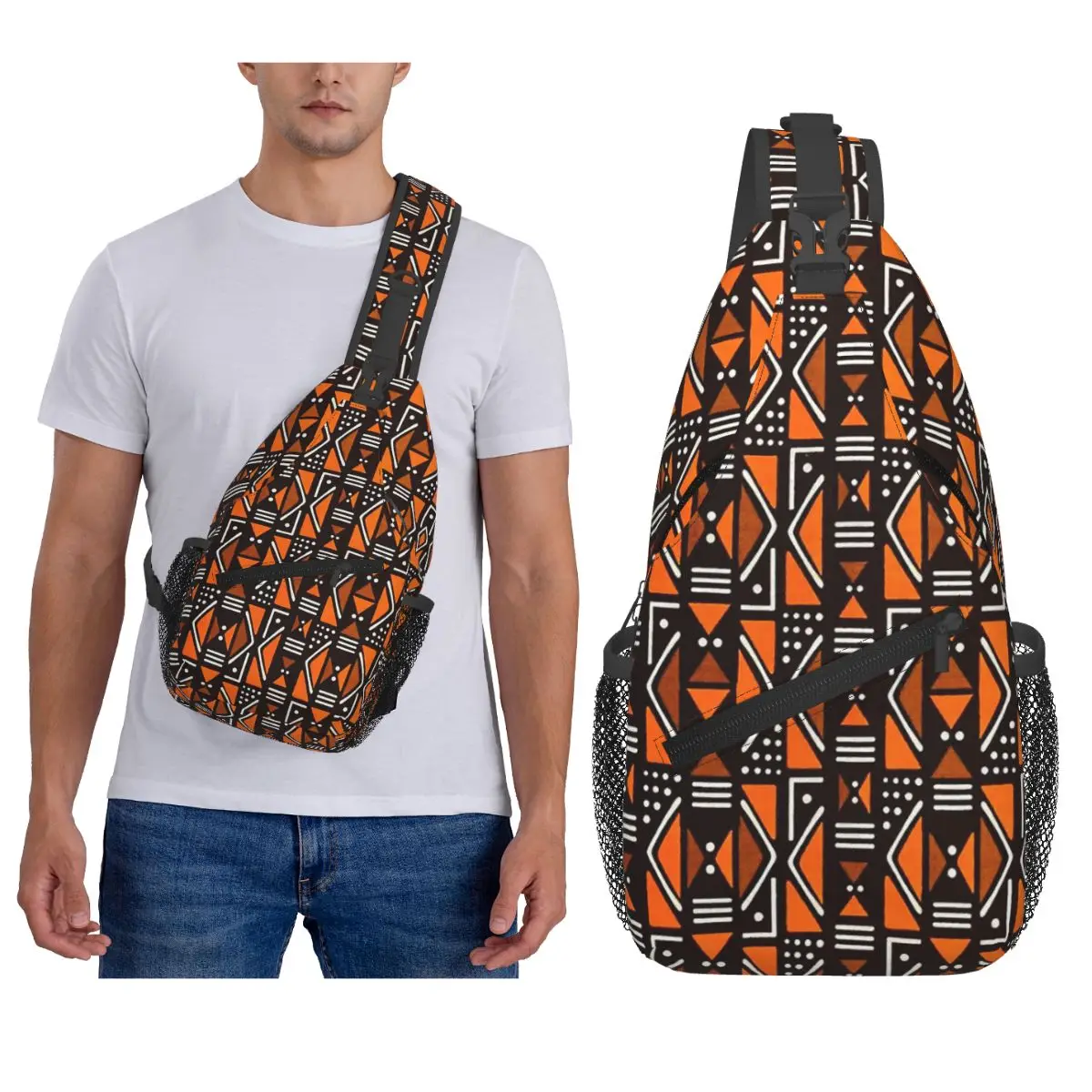 Bogolan Mudcloth African Pattern Africa Ethnic Tribal Art Chest Bag Men Sling Crossbody Backpack Chest Bag Daypack Shoulder Bag
