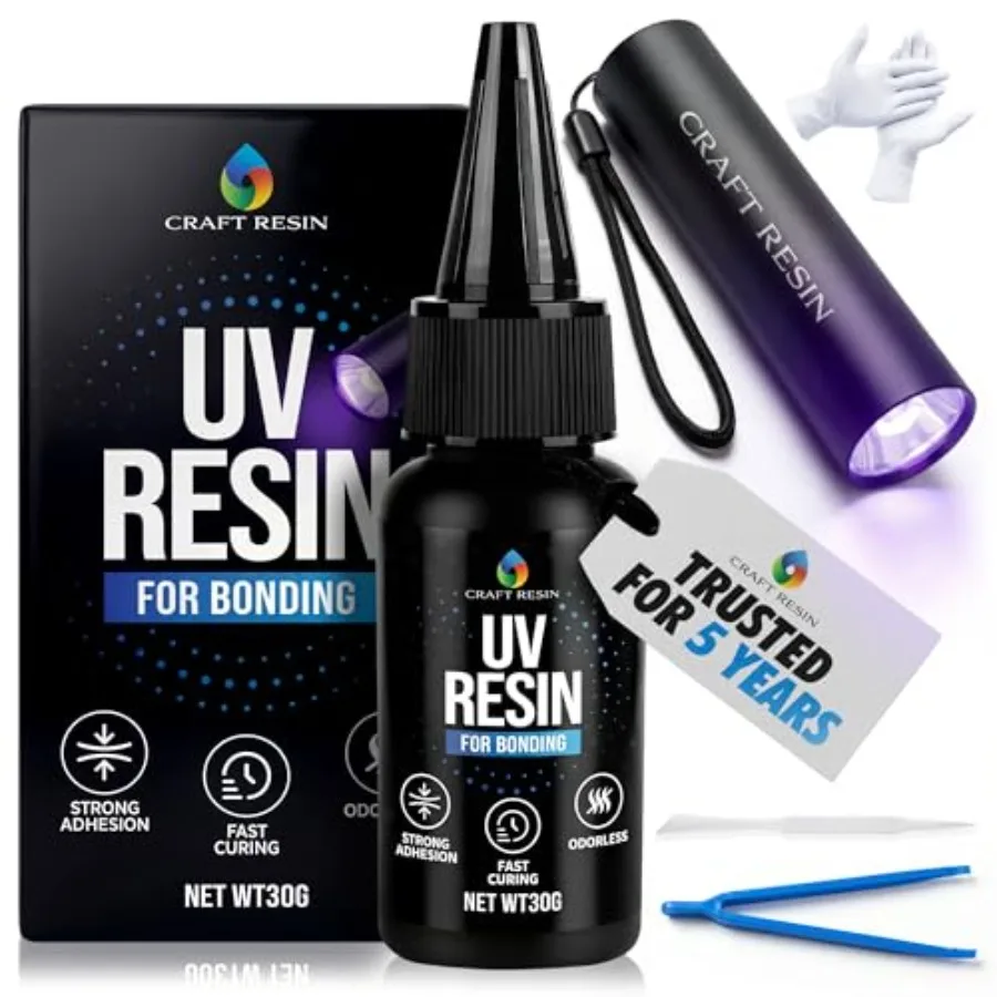 UV Resin Kit with Light 30g Fast-Cure UV Resin Glue for Quick Repairs Strong Bonding, Non-Toxic UV Glue Adhesive with Flashligh