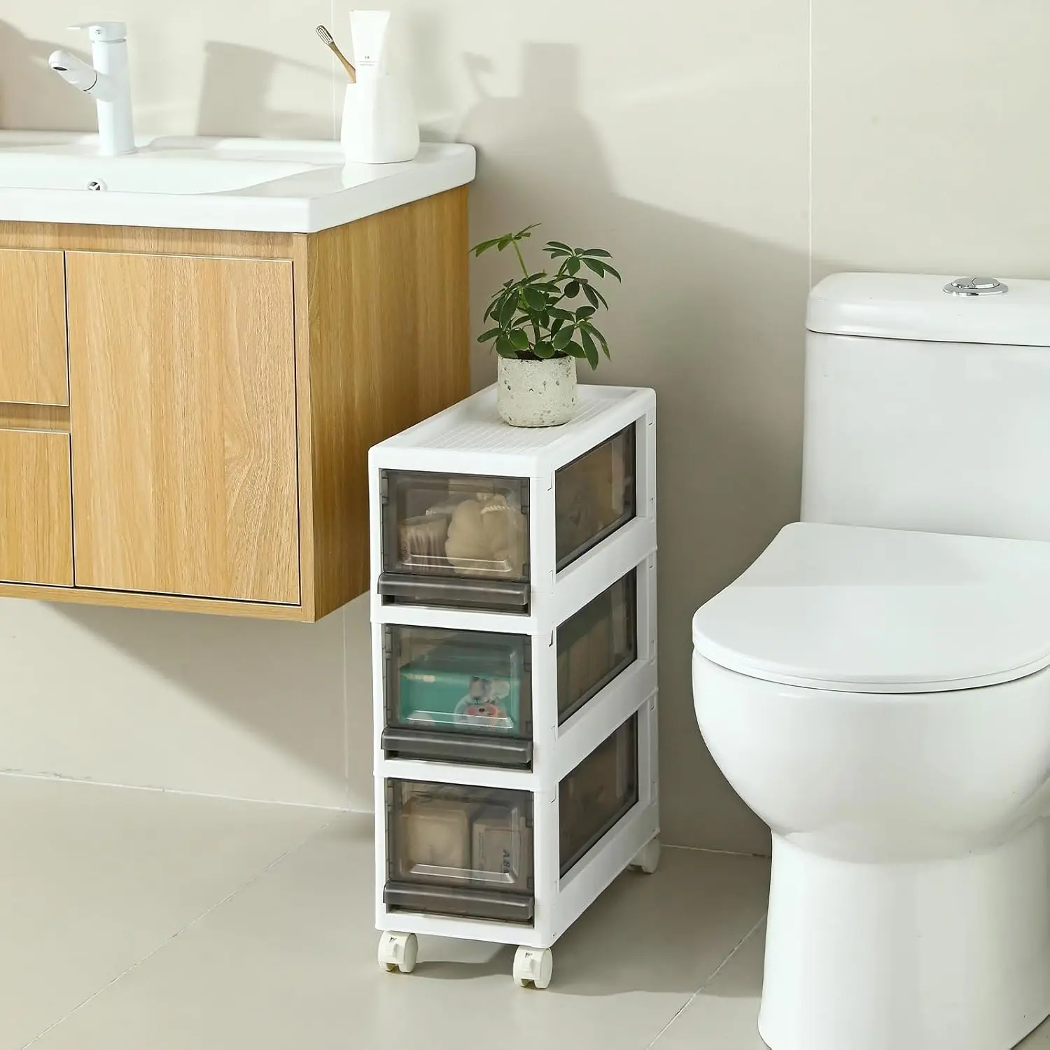 

Plastic 3 Drawer Storage Organizer, Narrow Plastic Storage Drawers with Wheels, Storage Cart with Drawers for Small and