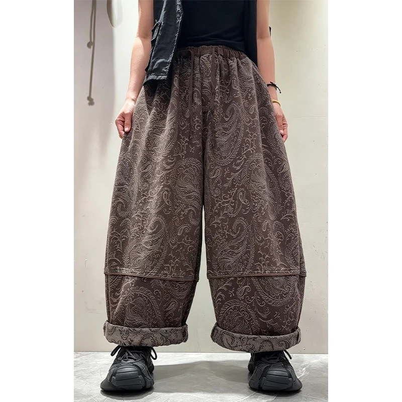 Masss Wasss Fall Females Fashion Printed Jeans Ladies Classic Vintage Luxury Wide Leg Pants Causal Elastic Waist Denim Trousers