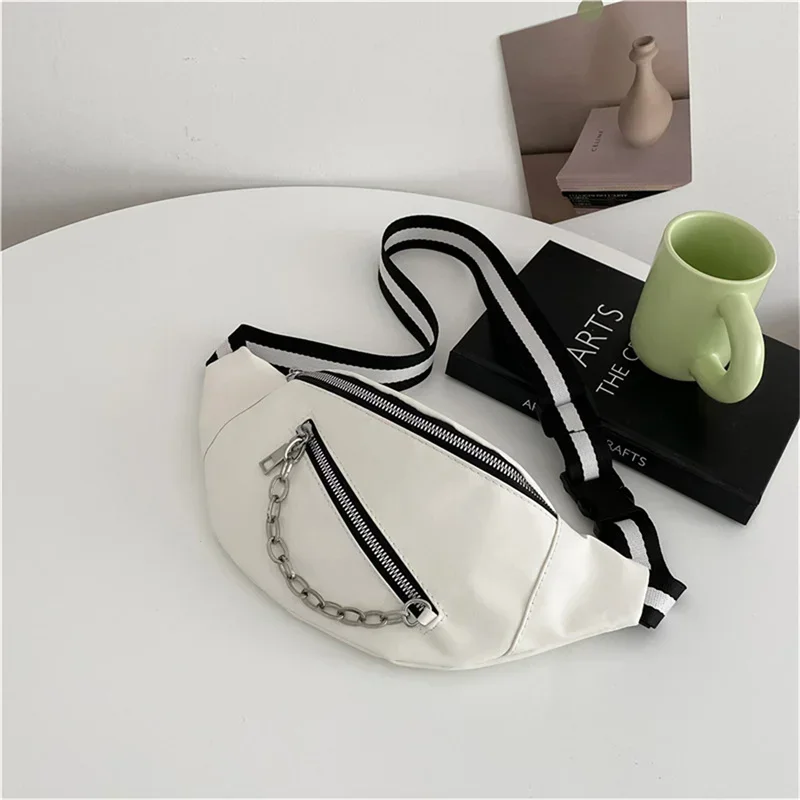 Women Shoulder Bag Street Solid Chest Bag Striped Strap Chain Zipper Waist Bags New In Bag For Women