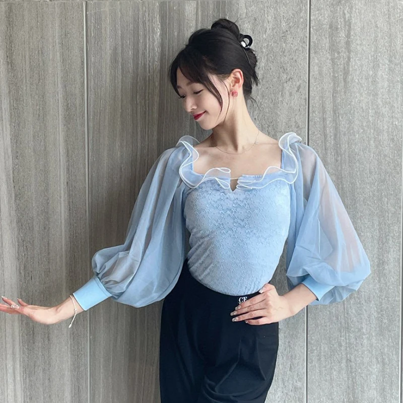 Ballroom Dance Clothes Women Fairy Lace Puff Sleeves Tops Adult Latin Dance Practice Wear Rumba Performance Clothing DNV18731