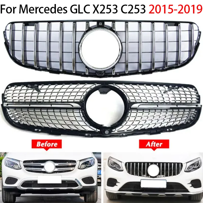 

Для Мерседес GLC X253 и C253 2015–2019 гг. Передняя кленовая решетка, капот, передний бампер и радиаторная решетка, стиль серебристый/черный.
