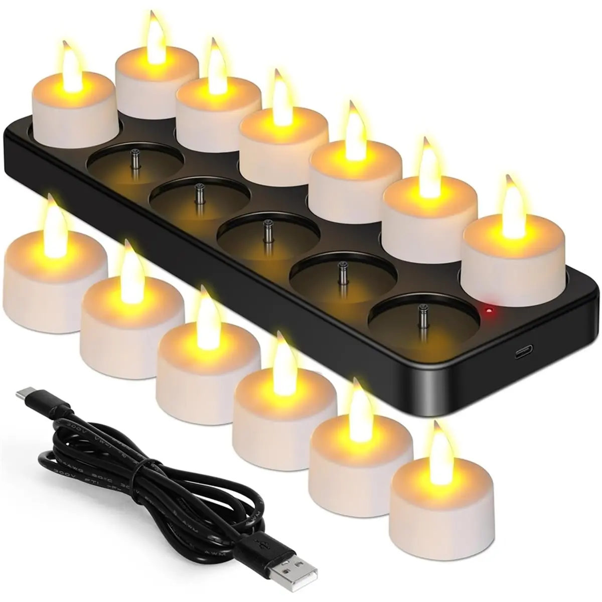 DT75BG Rechargeable Tea Lights Candles 12pcs Flameless Flickering Candles with Remote Control Timer & Charging Base, Decoration