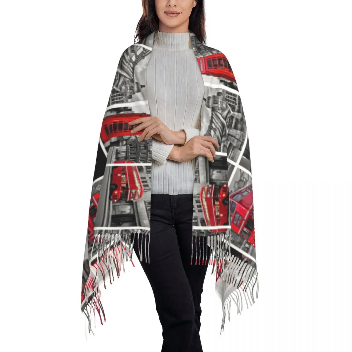 وشاح نسائي مع شرابة، شال بريطاني طويل للشتاء والخريف، لف حافلة لندن، طباعة حمراء، هدايا كلاسيكية في المملكة المتحدة، وشاح من الكشمير #3