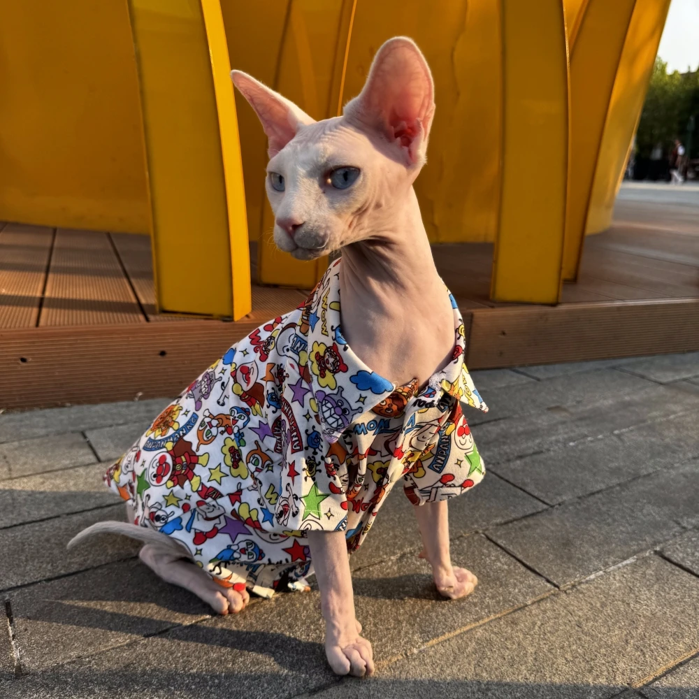 Cotton Cartoon Shirt for Sphynx Cat Summer Fashion Blouse For Kittens Street photography Catwalk Over Size Coat for Devon Rex