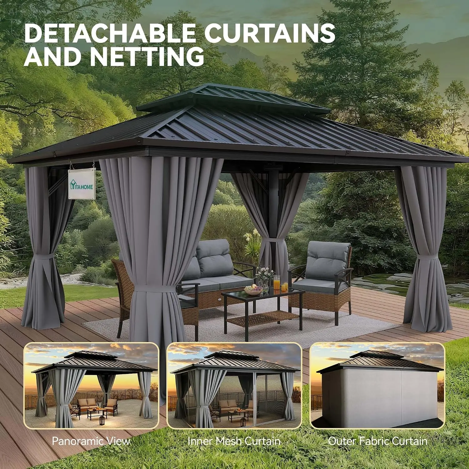 10X12FT Hard Top Gazebo Aluminum Frame Patios Double Roof Canopy, Customized