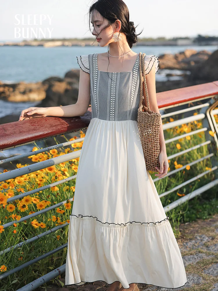 

Plaid Patchwork Maxi Dress Women Ruffle Sleeve Contrast Color Summer Dress High Waist Slim A-Line Sundress Beach Vacation Wear