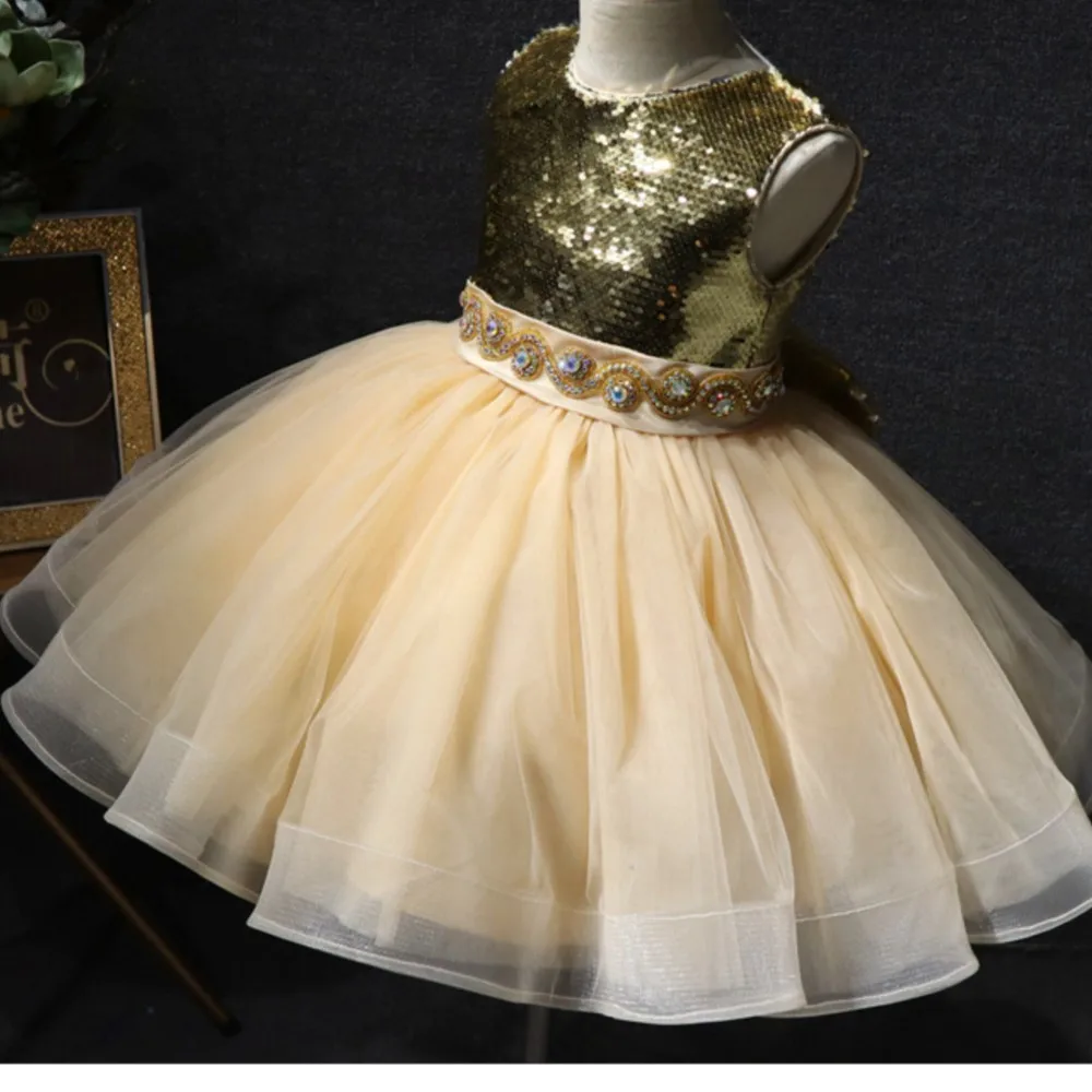 Golden sequin mesh patchwork sleeveless princess dress girls and children's dress flower party birthday dress