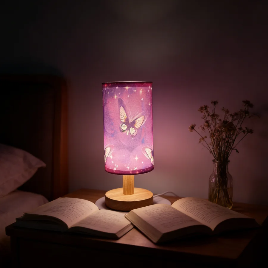 Pink Butterfly Starry Table Lamp with Wooden Base - Fantasy Bedroom Night Light for Creating a Relaxing Atmosphere