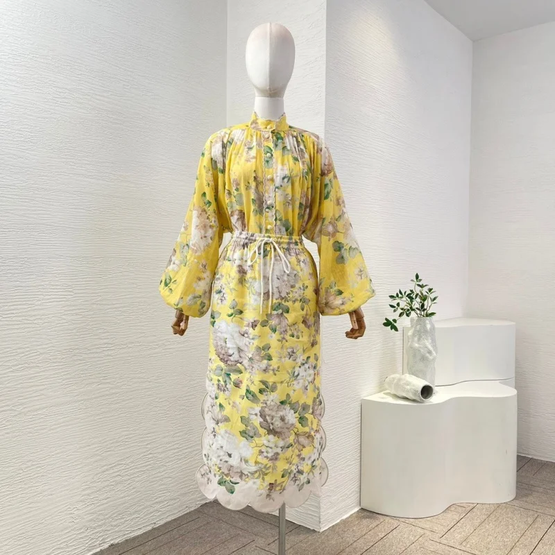 Yellow Floral Ramie Linen 2024 New Summer women high quality Print Long Sleeve Blosue Tops and Slit Hem Shell Edge Skirt Set