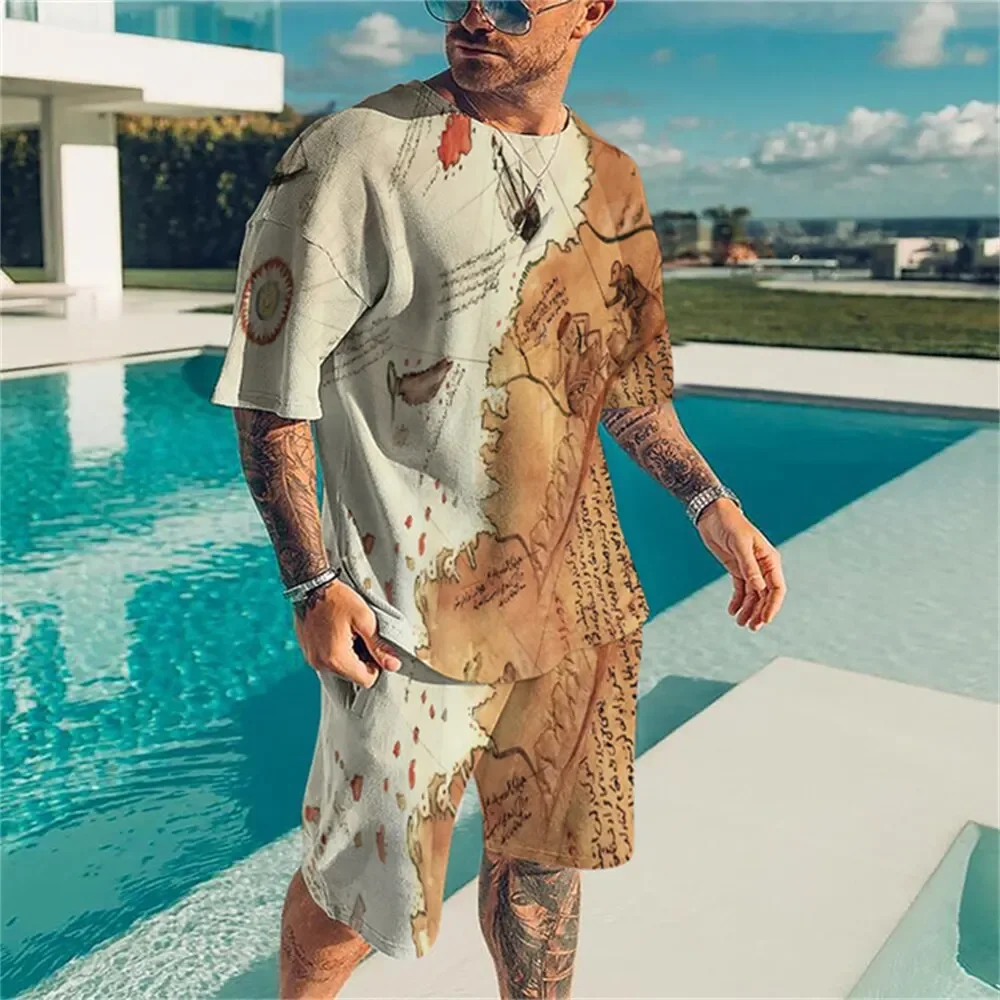 

Men's T Shirts Shorts 2 Piece Sets Tees Suit Fashion Male Retro Pattern Print Streetwear Casual Short Sleeve Tracksuit Suit