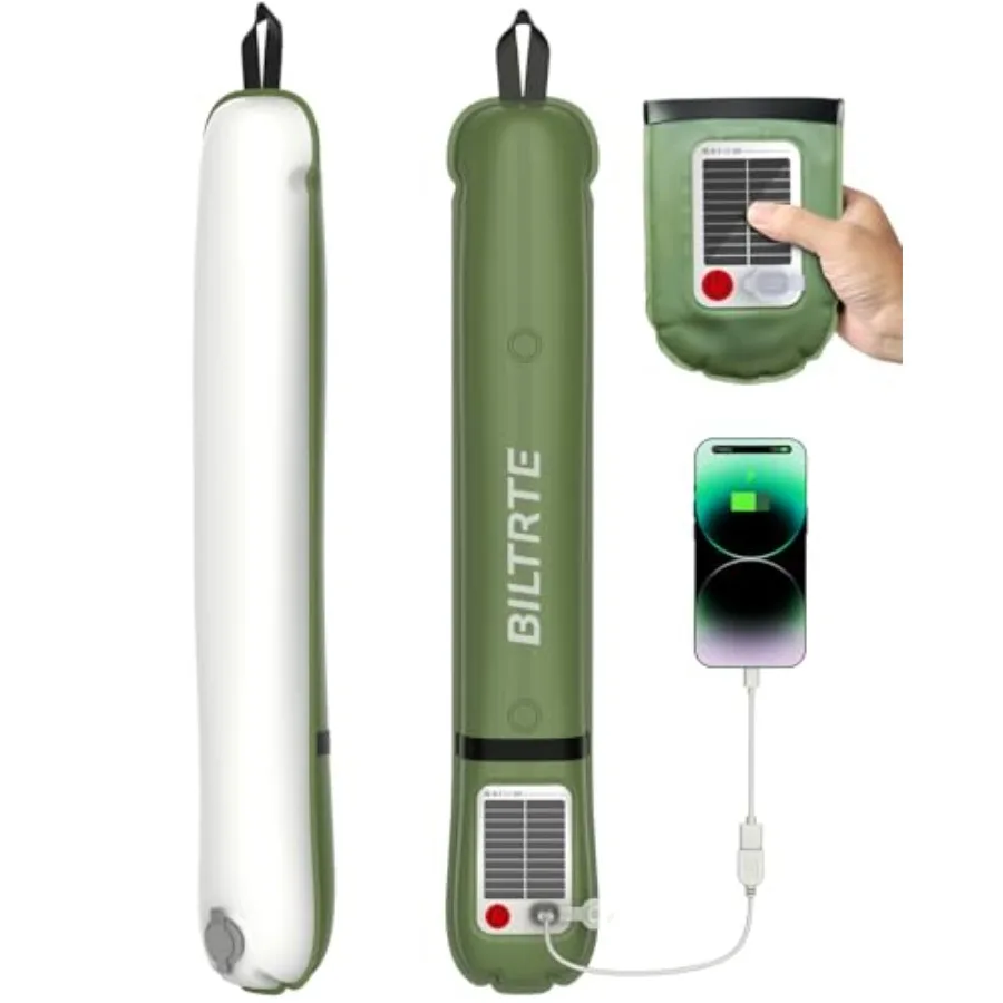 

Набор из 2 надувных солнечных кемпинговых фонарей с USB-C зарядкой, светодиодная трубка-лампа, внешний аккумулятор 2000 мАч, IP66, всепогодный, складной