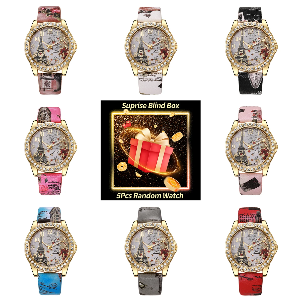 5 قطعة صندوق سر مفاجأة-موضة حجر الراين ساعات نسائية السيدات ساعة معصم كوارتز عادية لون عشوائي (بدون صندوق)