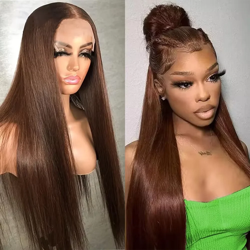 Perruques Abijale Hair Lace Front Lisses Brun Chocolat 13x6 13x4 HD, Pré-Pluckées, Cheveux Humains Brésiliens Remy