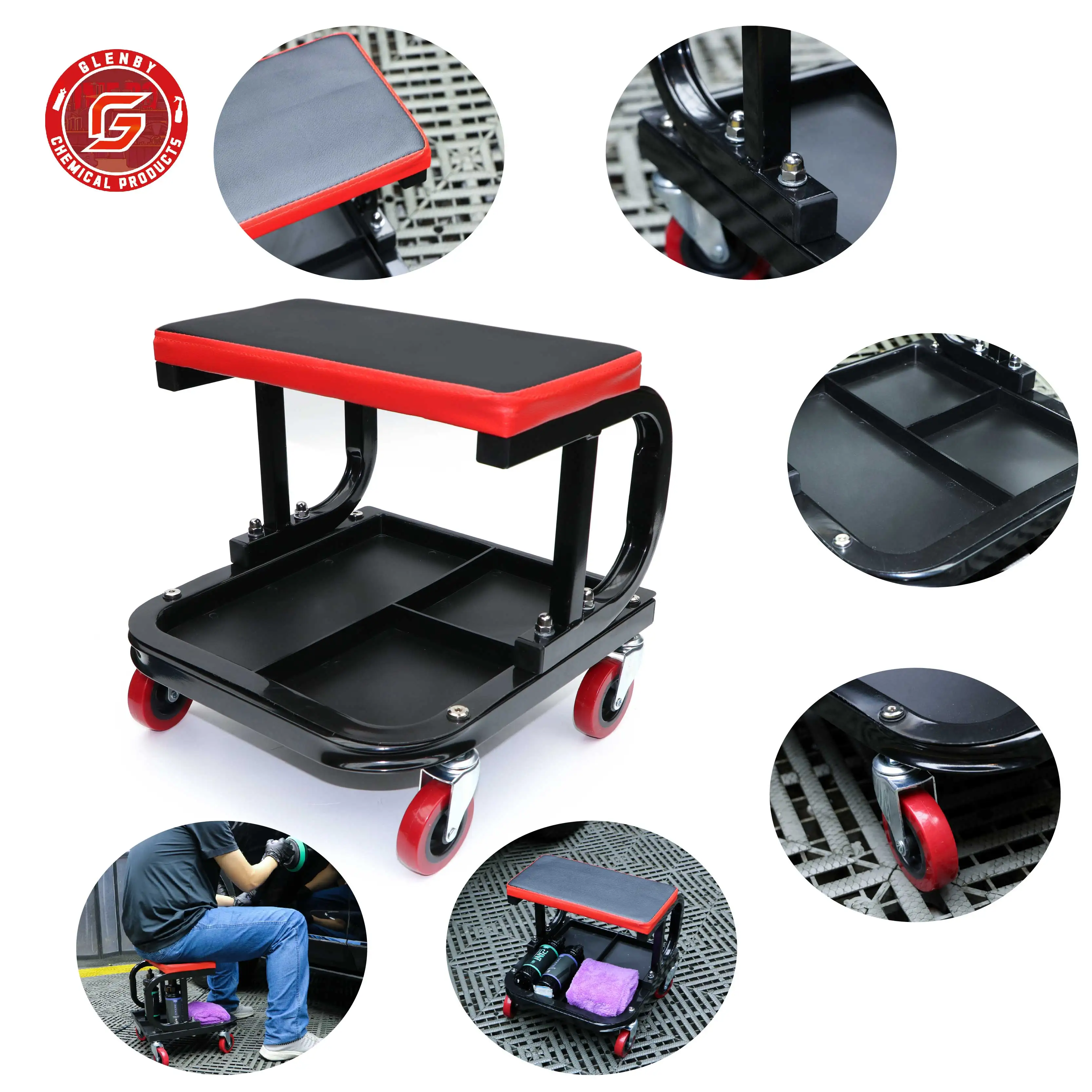 Multifunctional Car Repair Work Stool Garage Seat Work Rolling Creeper Seat Stool Mechanic Chair 4 Wheels Tray Auto Tools