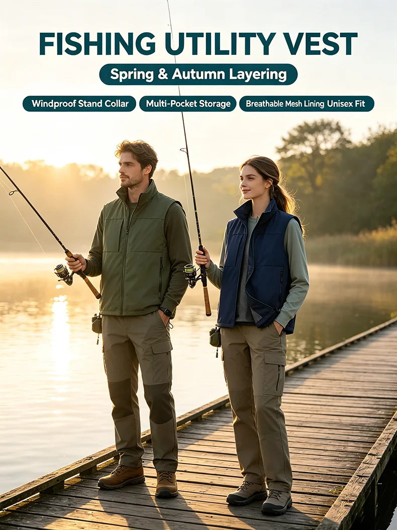 LNGXO Herren- und Damen-Anglerweste, Arbeitsweste mit mehreren Taschen für Herbst, Frühling, Outdoor-Sport, Wandern, Camping, Angelbekleidung – Detail 2