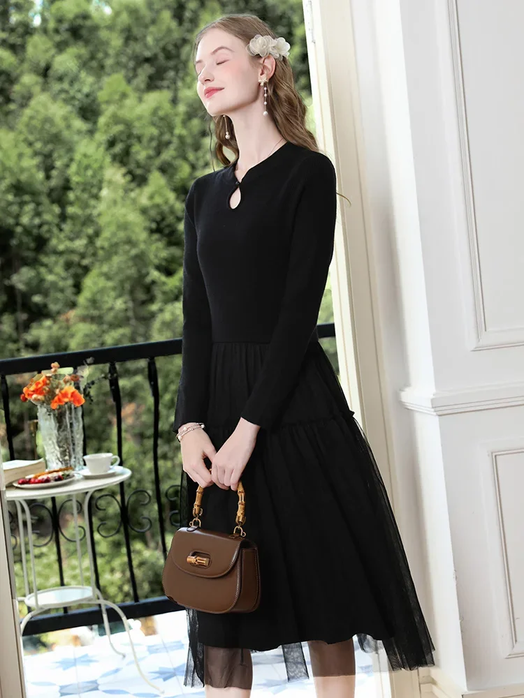 I BELIEVE YOU Black Hollow Out Chinese Knitted Splicing Lace Dress for Women 2024 Slimming Elegant Black Retro Dress CMQ235306A