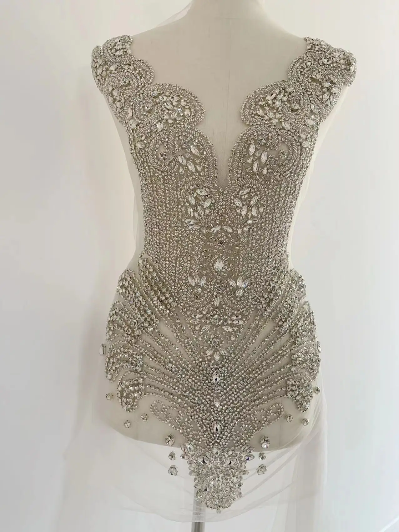 Large Silver Rhinestone Applique Luxurious Sparkle Clear Diamond Crystal Beaded Bodice Mesh Patch for Couture,Ball Gown