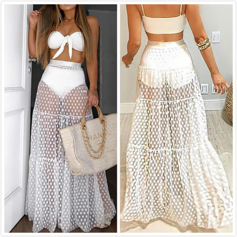 Vrouwen Zomer Bikini Cover Ups Polka Dot Mesh Sheer Hoge Taille Lange Rok Zien Door Strand Tule Wikkelrok Badpak Badmode